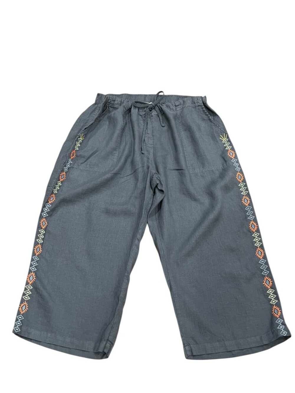 JW Los Angeles Cropped Wide Leg Linen Embroidered Pants, Blue Gray, 1x